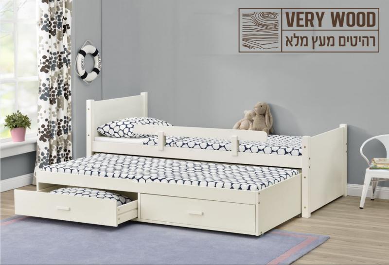מיטת ילדים נפתחת מעץ מלא עם מיטת חבר נשלפת + זוג מזרני ספוג איכותיים דגם נוי