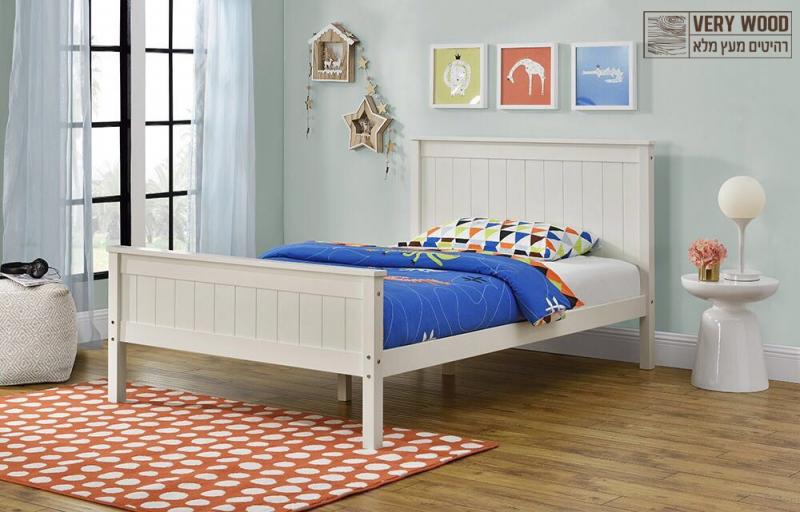 מיטת נוער (מיטה ברוחב וחצי) מעץ מלא המעוצבת בסגנון קלאסי בצבע שמנת ומתאימה למזרן 120/190, דגם לינור