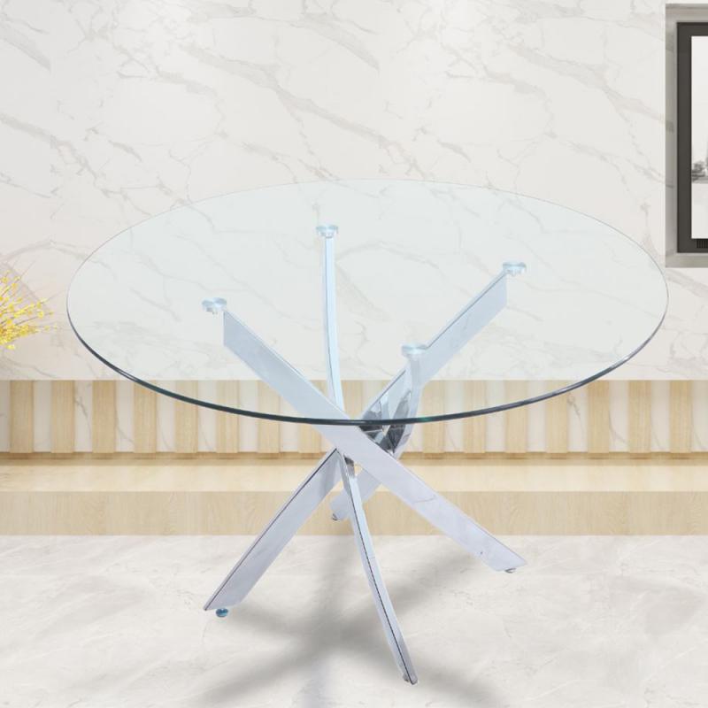 שולחן אוכל זכוכית עגול 120 סמ עם רגלי כרום דגם ונציה