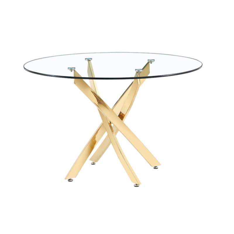 שולחן עגול לפינת אוכל זכוכית עגול 120 סמ עם רגליים מוזהבות דגם נאפולי
