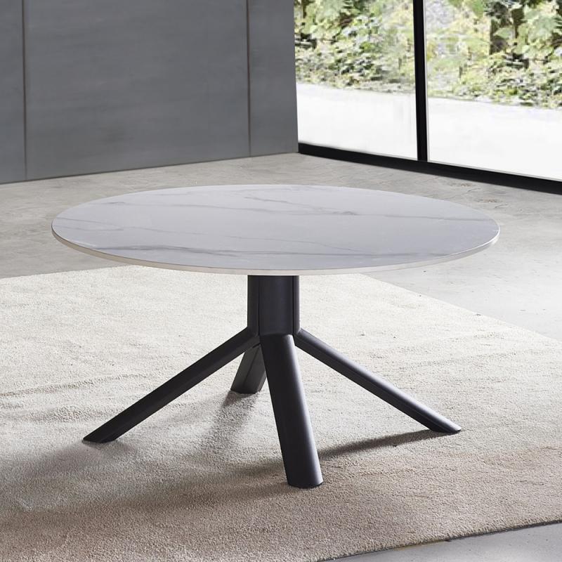 שולחן סלון קרמיקה עגול 90 סמ עם רגלי ברזל  דגם זאוס לבן