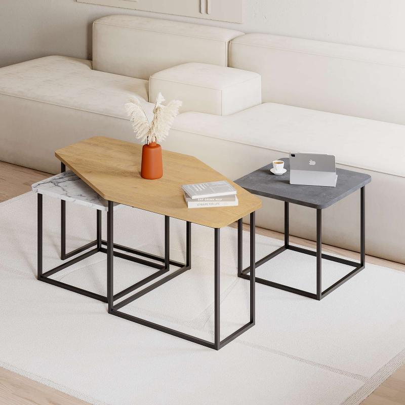 שולחן סלון NESTY COFFEE TABLE לבן שיש/אלון/אפור רטרו מסדרת Decoline